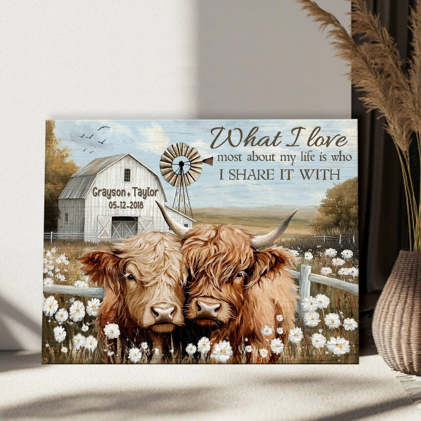 "What I Love Most About My Life" Personalized Highland Cow Canvas / Poster - Custom Wall Art for Couples Anniversary Gift