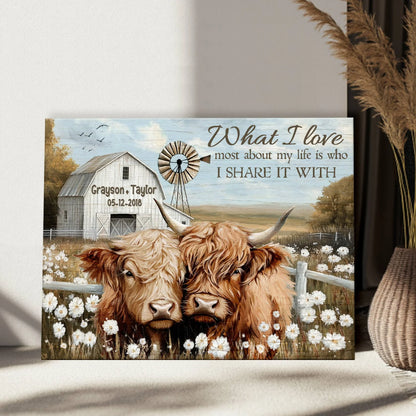 "What I Love Most About My Life" Personalized Highland Cow Canvas / Poster - Custom Wall Art for Couples Anniversary Gift
