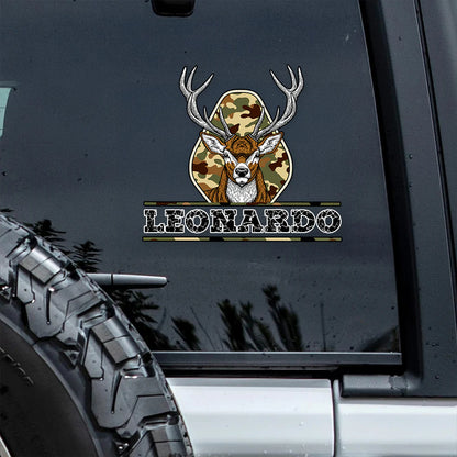 Personalized deer hunting car decal sticker with custom name print and vintage camo design for truck windows image 6