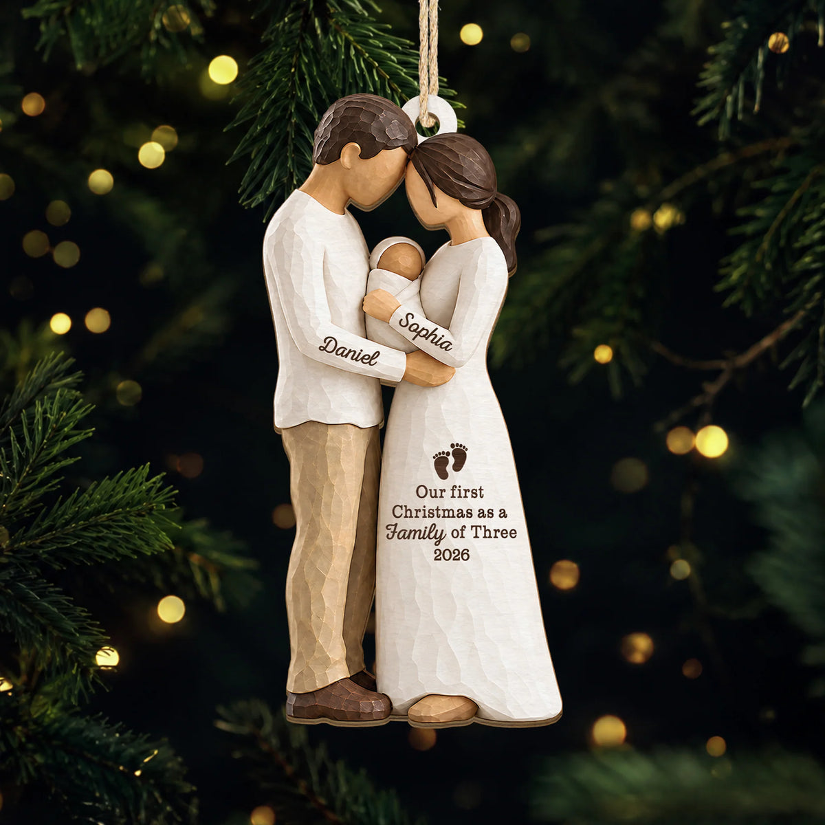 Our First Christmas as a Family of Three - Personalized Wooden Ornament for New Parents