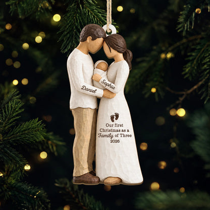 Our First Christmas as a Family of Three - Personalized Wooden Ornament for New Parents