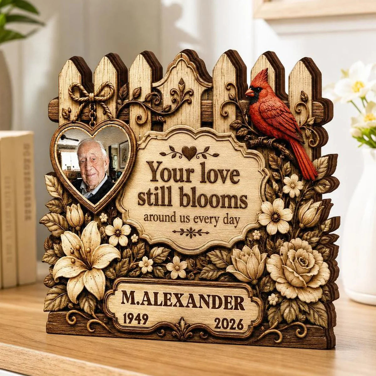 Your Love Still Blooms Personalized Memorial Wooden Block - Custom Photo Bereavement Gift for Family