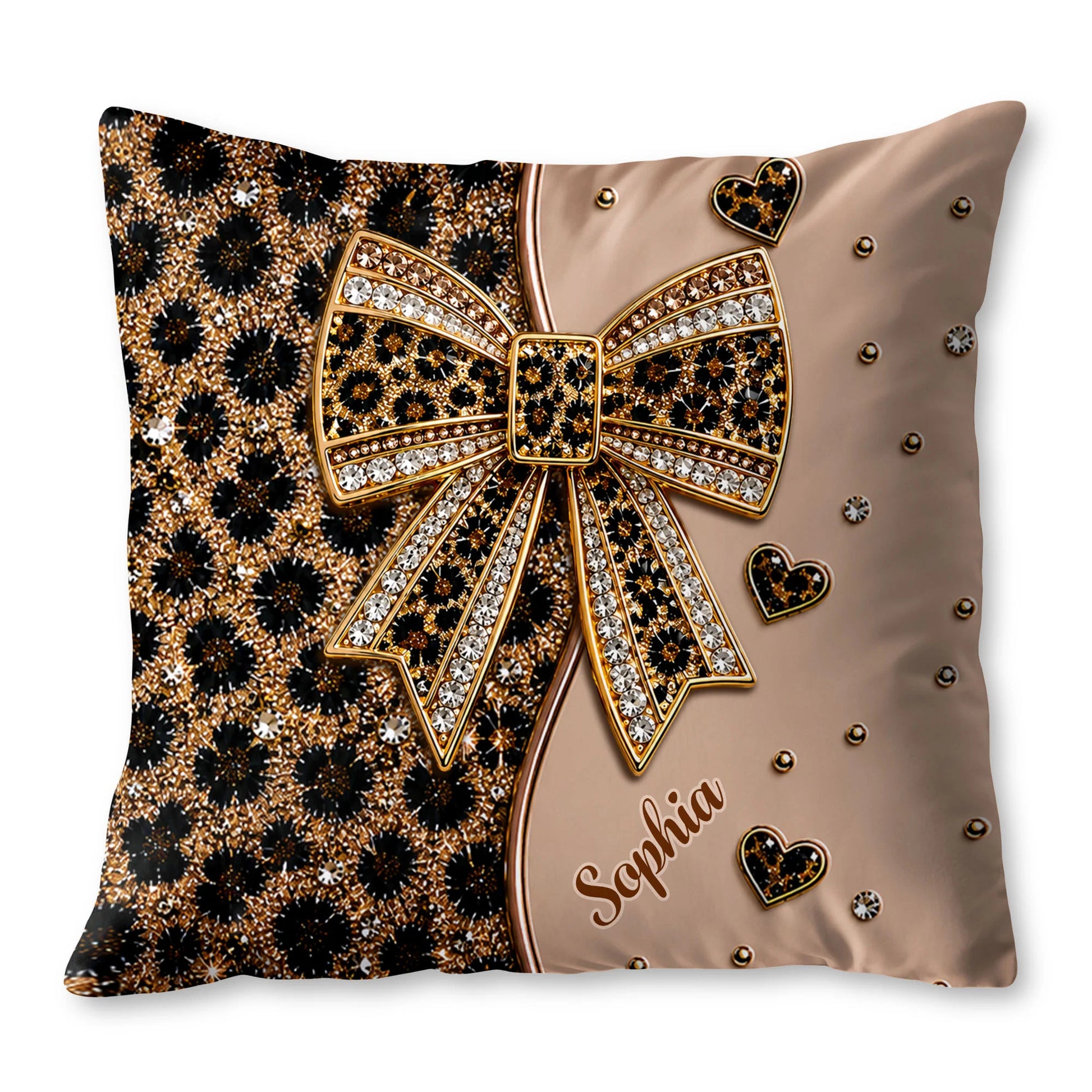 Personalized leopard print pillow featuring a sparkling jeweled bow and custom name, custom gift for her image 9