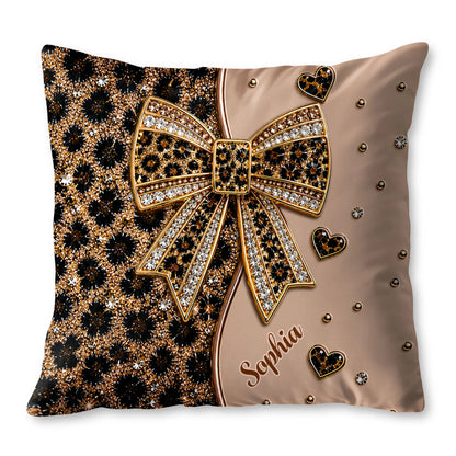 Personalized leopard print pillow featuring a sparkling jeweled bow and custom name, custom gift for her image 9