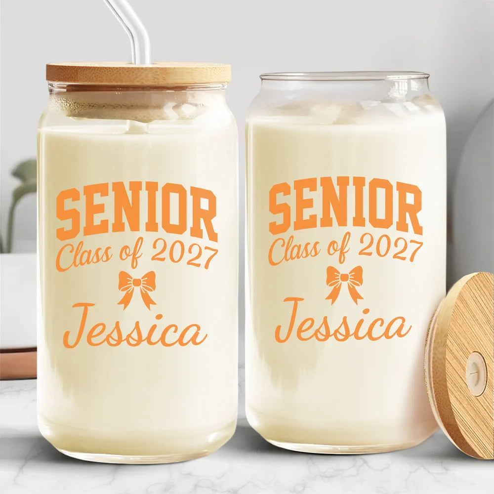 Senior Class of 2027 Custom Name Glass Can - Personalized Graduation Gift