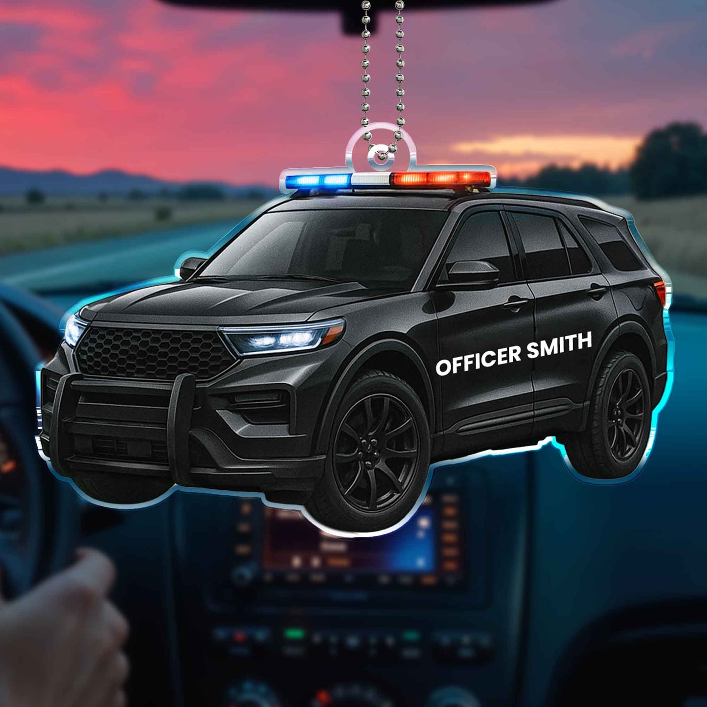 Personalized police car acrylic ornament with custom name Officer Smith for rearview mirror hanging