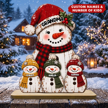 Snowman Family Personalized Wooden Plaque for Grandma - Custom Grandkids Names Holiday Keepsake Gift