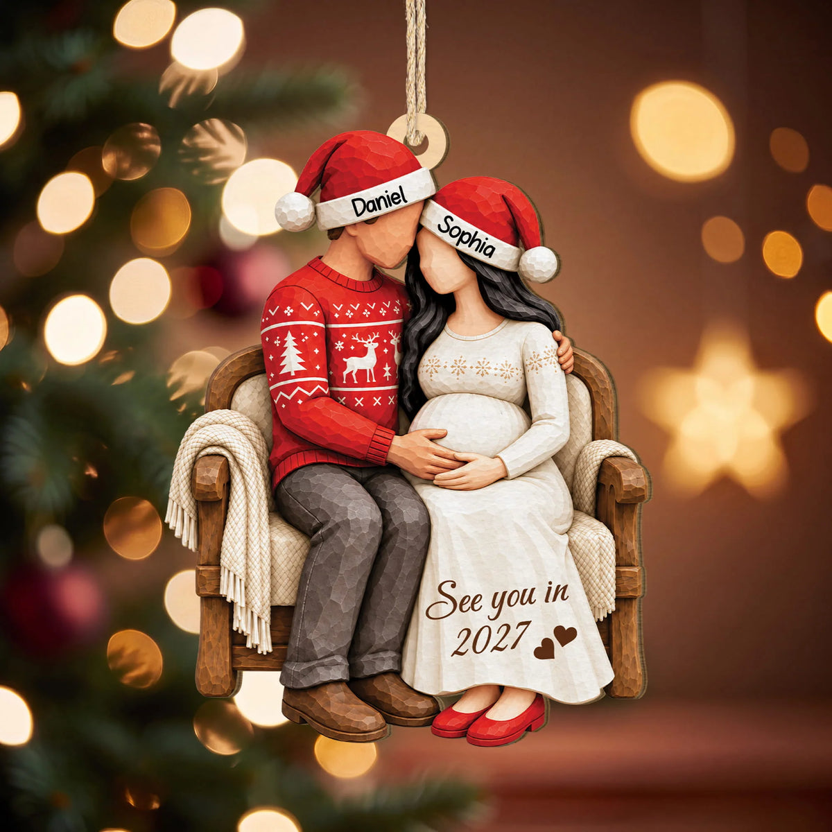 "See You in 2027" Personalized Pregnancy Wooden Ornament - Christmas Gift for Expecting Parents