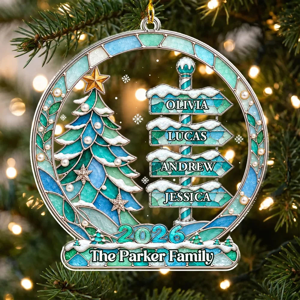 Personalized Family Christmas Tree Acrylic Ornament - Custom Names Winter Signpost Holiday Keepsake