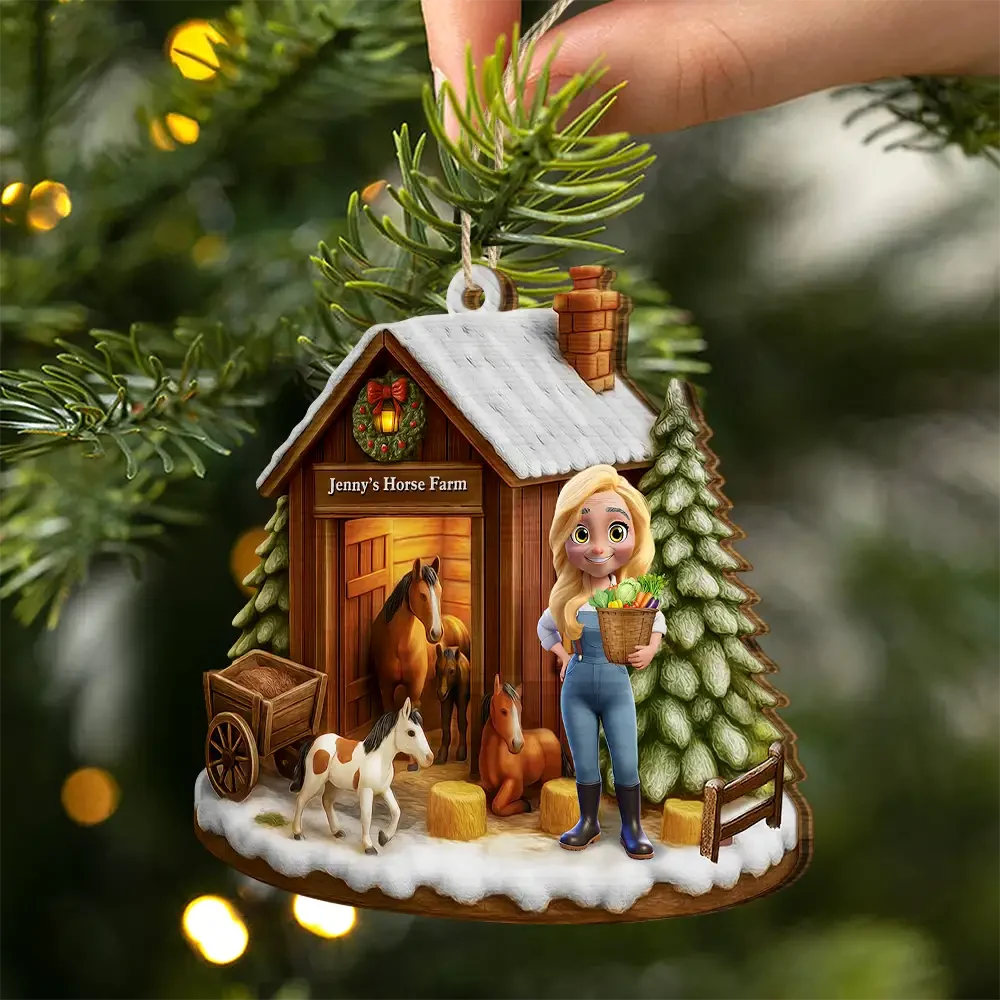 Horse Farm Personalized Wooden Ornament - Custom Winter Barn Keepsake Gift for Equestrians