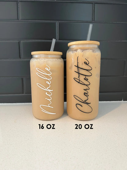 Custom Name Iced Coffee Cup - Personalized Glass Can Gift for Bridesmaid