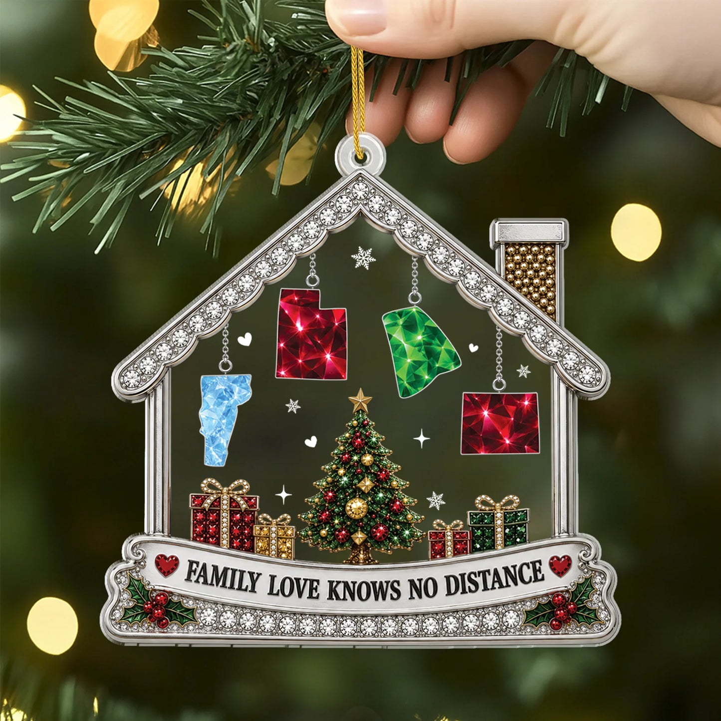 "Family Love Knows No Distance" - Personalized State Map Acrylic Ornament