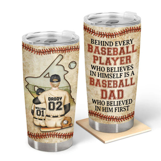 Personalized baseball dad tumbler featuring custom kids names and numbers with a baseball background