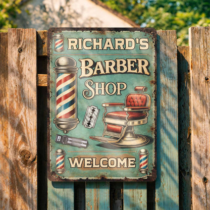 Custom barber shop metal sign with vintage barber chair and pole design for professional salon wall decor image 7