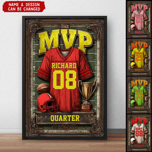 Personalized football poster featuring a custom red jersey with name Richard and number 08 as the MVP award theme