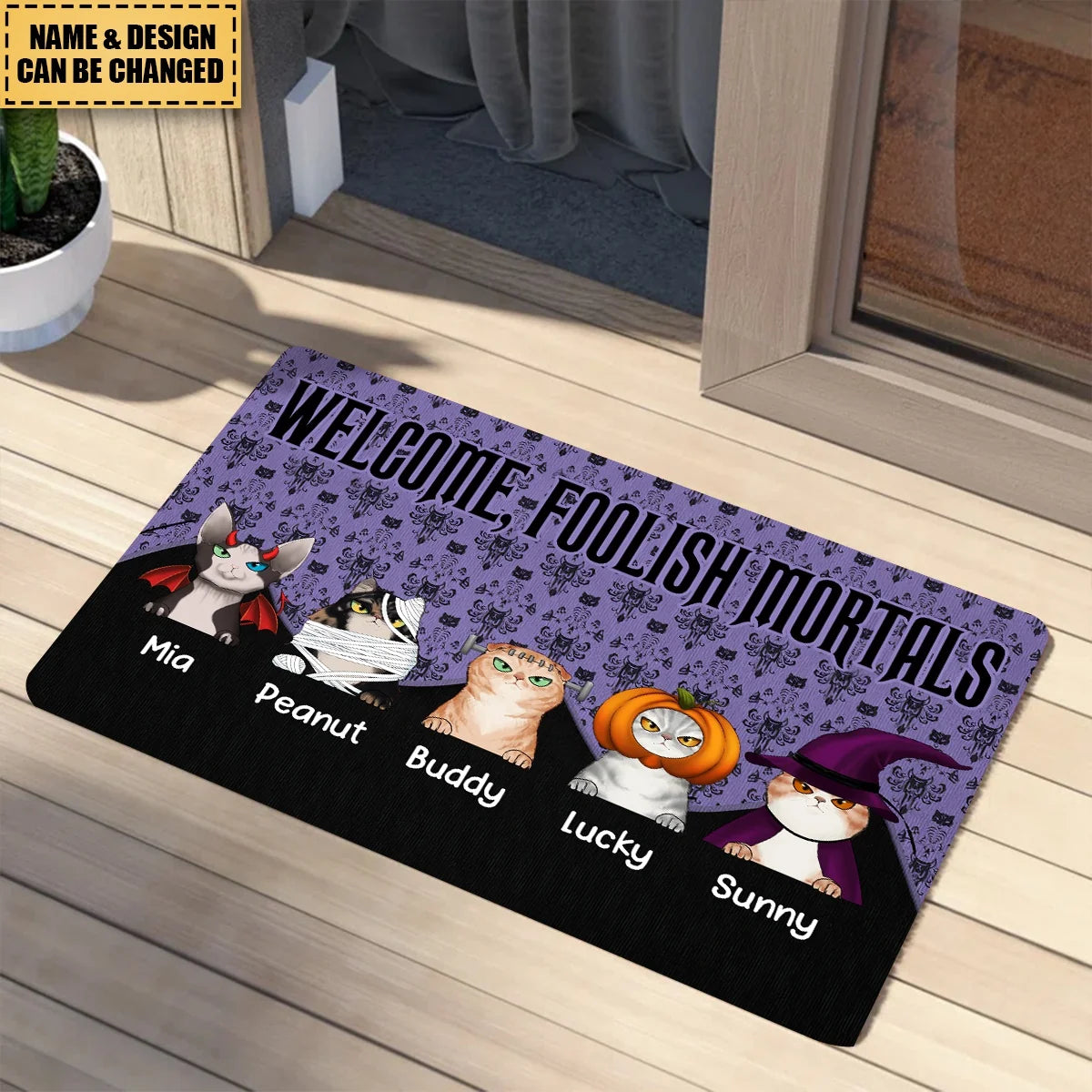 Welcome Foolish Mortals Personalized Halloween Cat Doormat - Custom Front Porch Decor for Cat Lovers