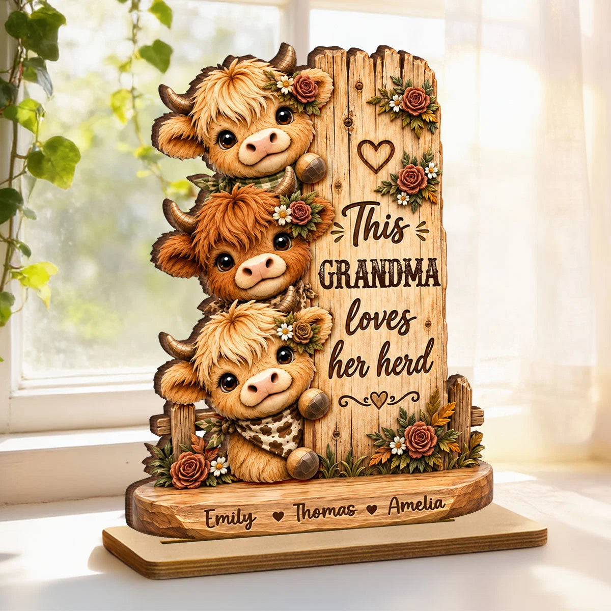 "This Grandma Loves Her Herd" Personalized Wooden Plaque - Custom Highland Cow Name Gift