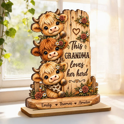 "This Grandma Loves Her Herd" Personalized Wooden Plaque - Custom Highland Cow Name Gift