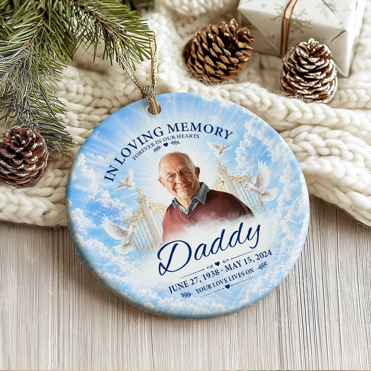 "In Loving Memory Your Love Lives On" Personalized Ceramic Ornament - Custom Photo Memorial Keepsake Gift