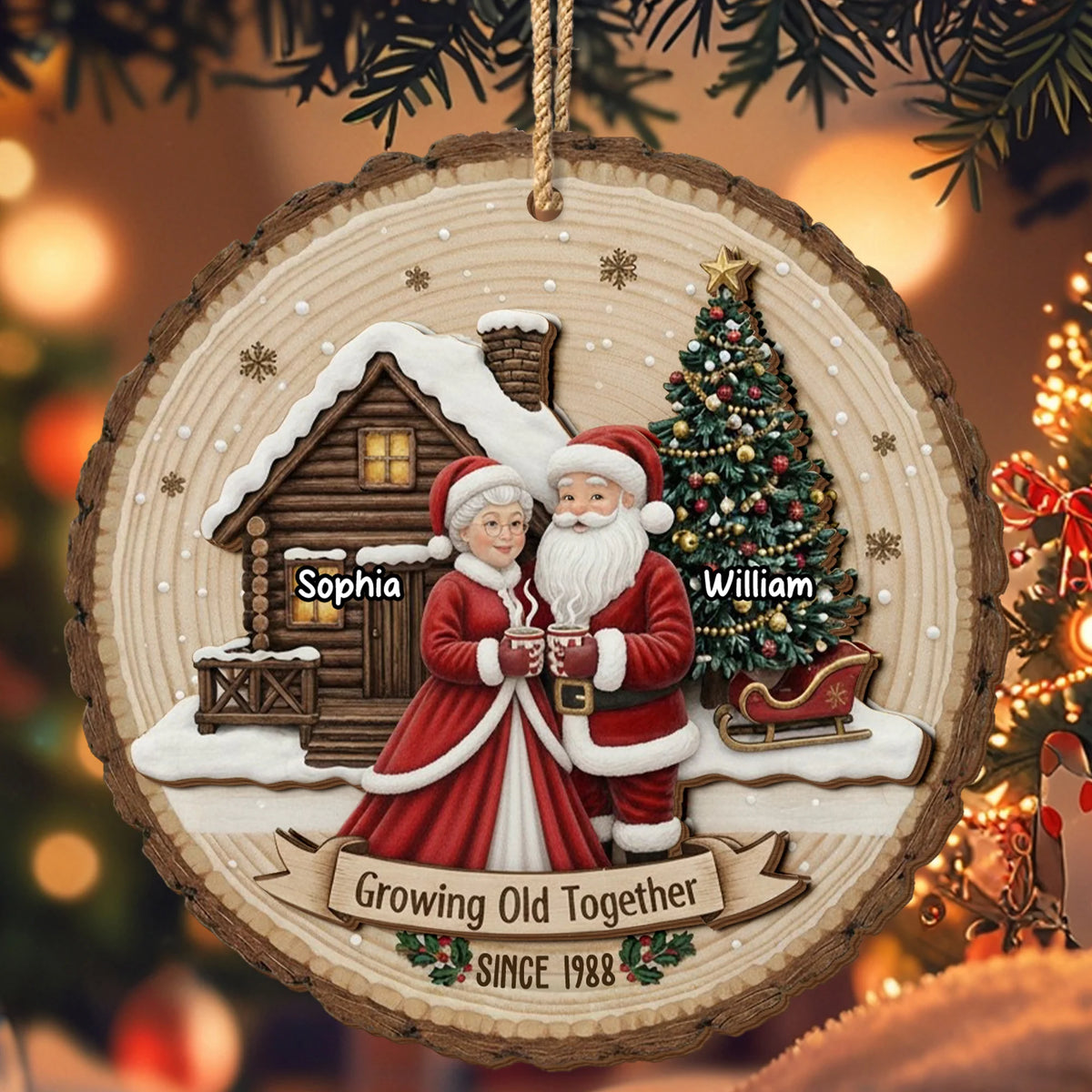 Growing Old Together Personalized Christmas Ornament - Custom Wooden Couple Keepsake Gift