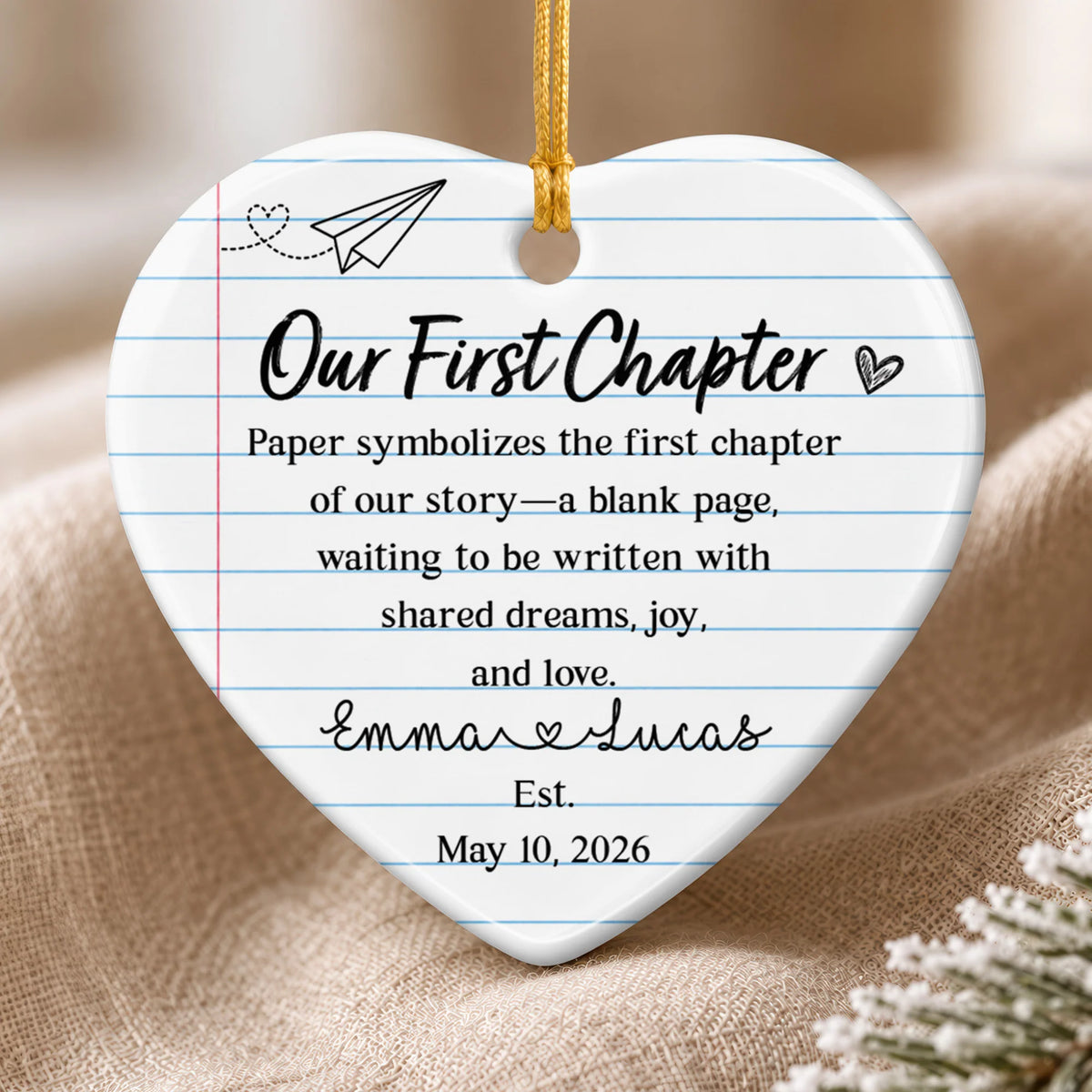 "Our First Chapter" Personalized Wedding Ceramic Ornament - Custom Couple Gift Keepsake