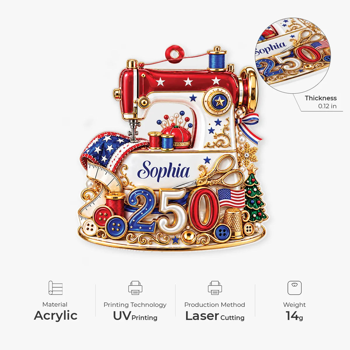 USA 250th Sewing Machine Personalized Acrylic Ornament - Mom Christmas Keepsake