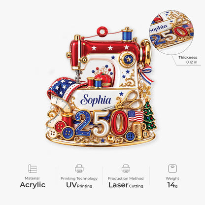 USA 250th Sewing Machine Personalized Acrylic Ornament - Mom Christmas Keepsake