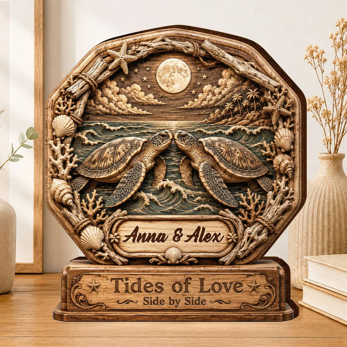 Tides Of Love Side By Side - Personalized Sea Turtle Wooden Block Gift for Couples