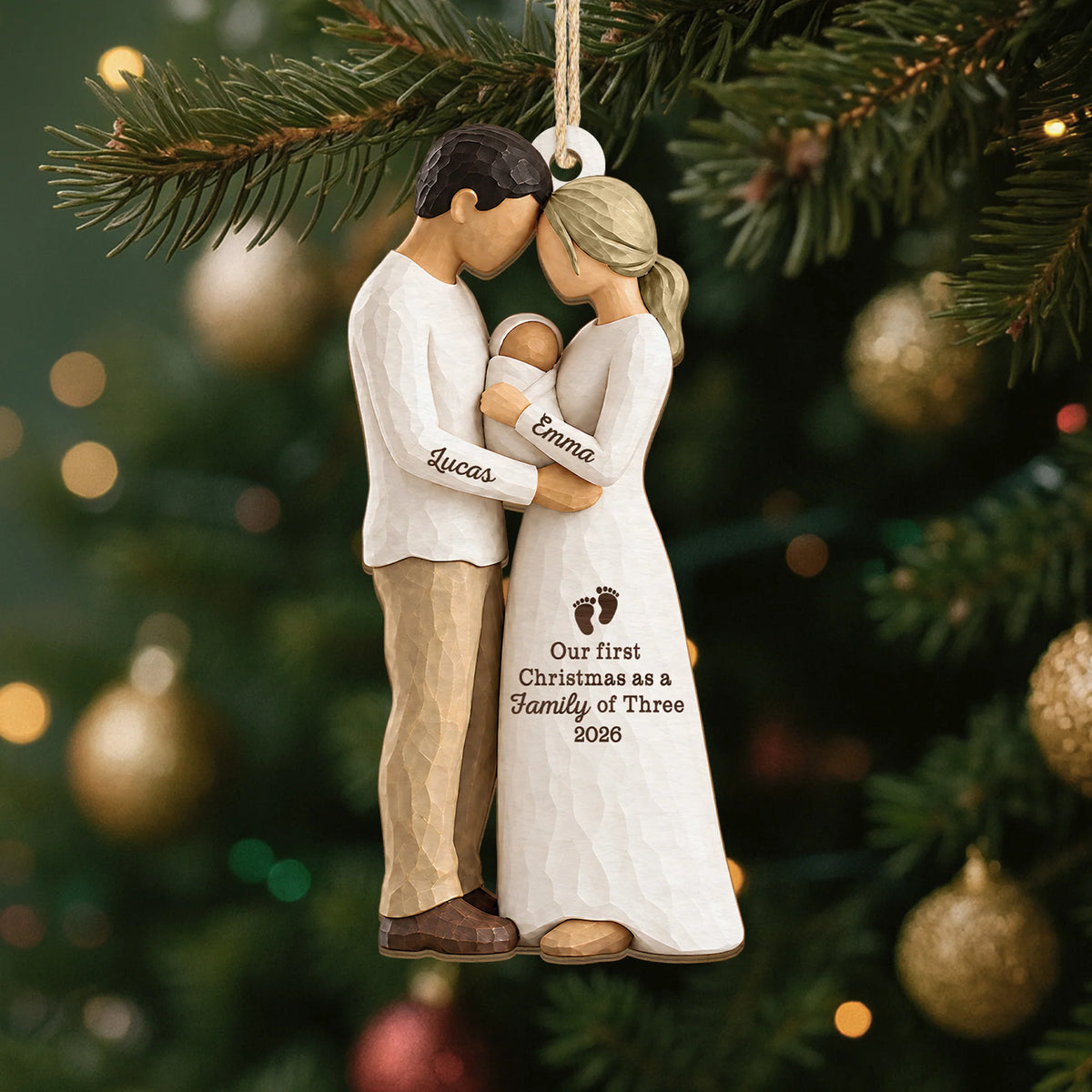 Our First Christmas as a Family of Three - Personalized Wooden Ornament for New Parents
