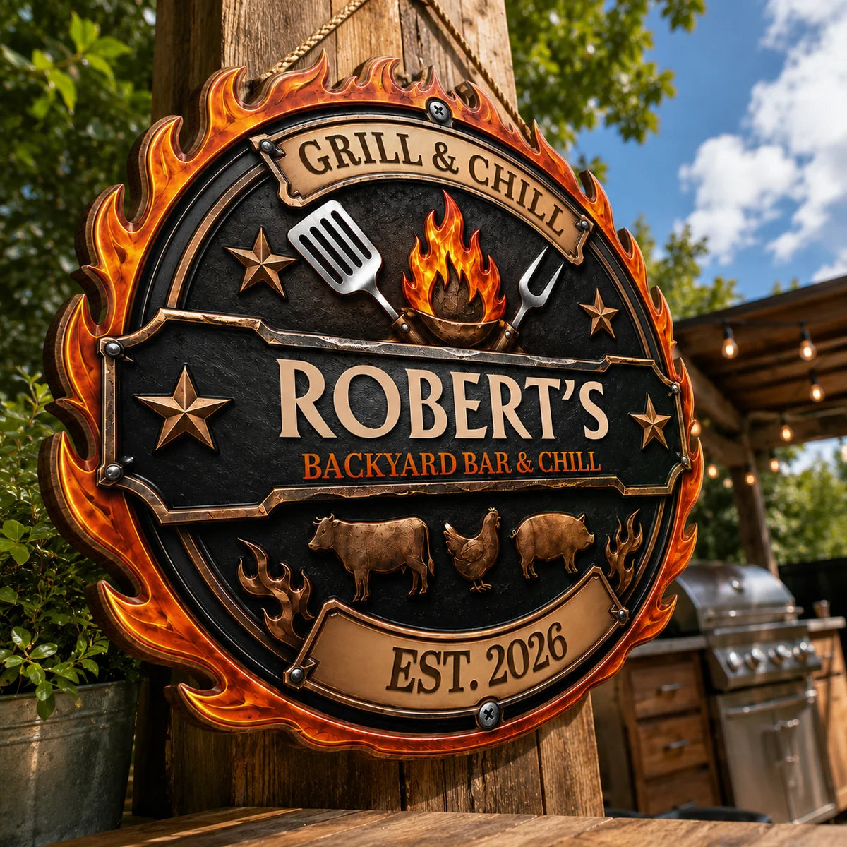 Grill & Chill Backyard Bar Personalized Wood Sign - Custom BBQ Decor Gift for Dad