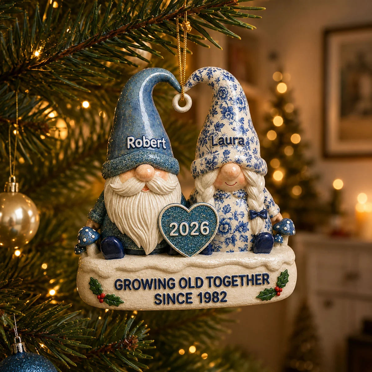 Growing Old Together Personalized Gnome Couple Acrylic Ornament - Custom Vintage Anniversary Gift