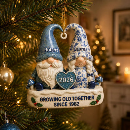 Growing Old Together Personalized Gnome Couple Acrylic Ornament - Custom Vintage Anniversary Gift