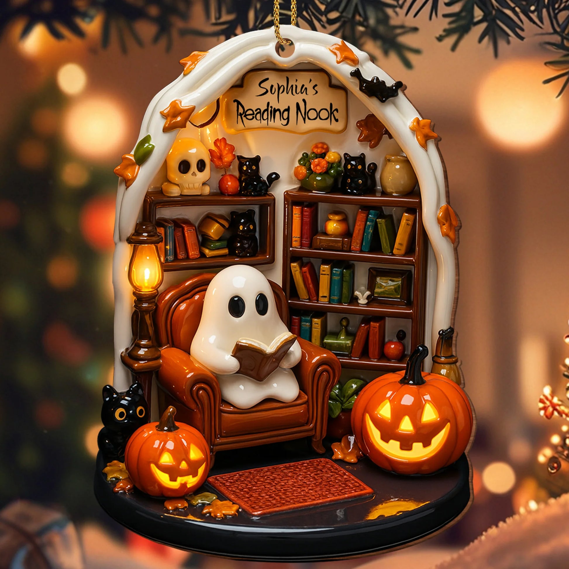 Custom Reading Nook Ghost Wood Ornament for Cat Lovers with personalized design details for meaningful gifting image 6