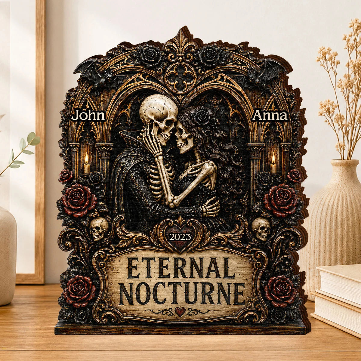 Eternal Nocturne Gothic Skeleton Couple - Personalized Wooden Block Gift