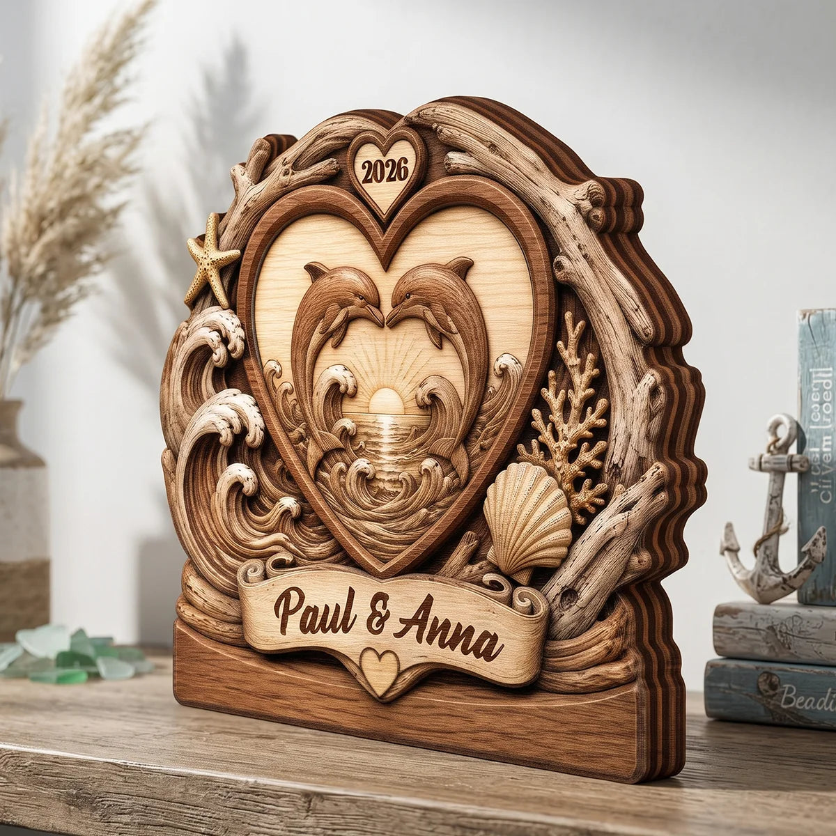 Two Dolphins Endless Love Personalized Wooden Block - Custom Anniversary Gift for Couples