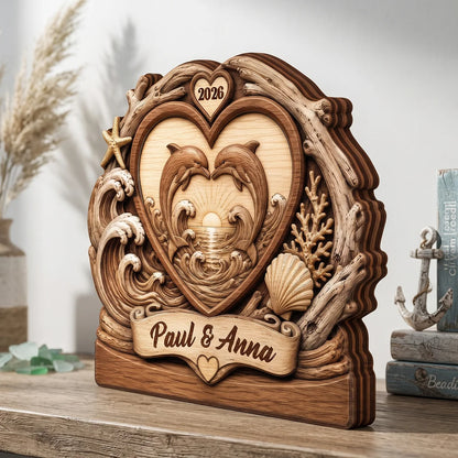 Two Dolphins Endless Love Personalized Wooden Block - Custom Anniversary Gift for Couples