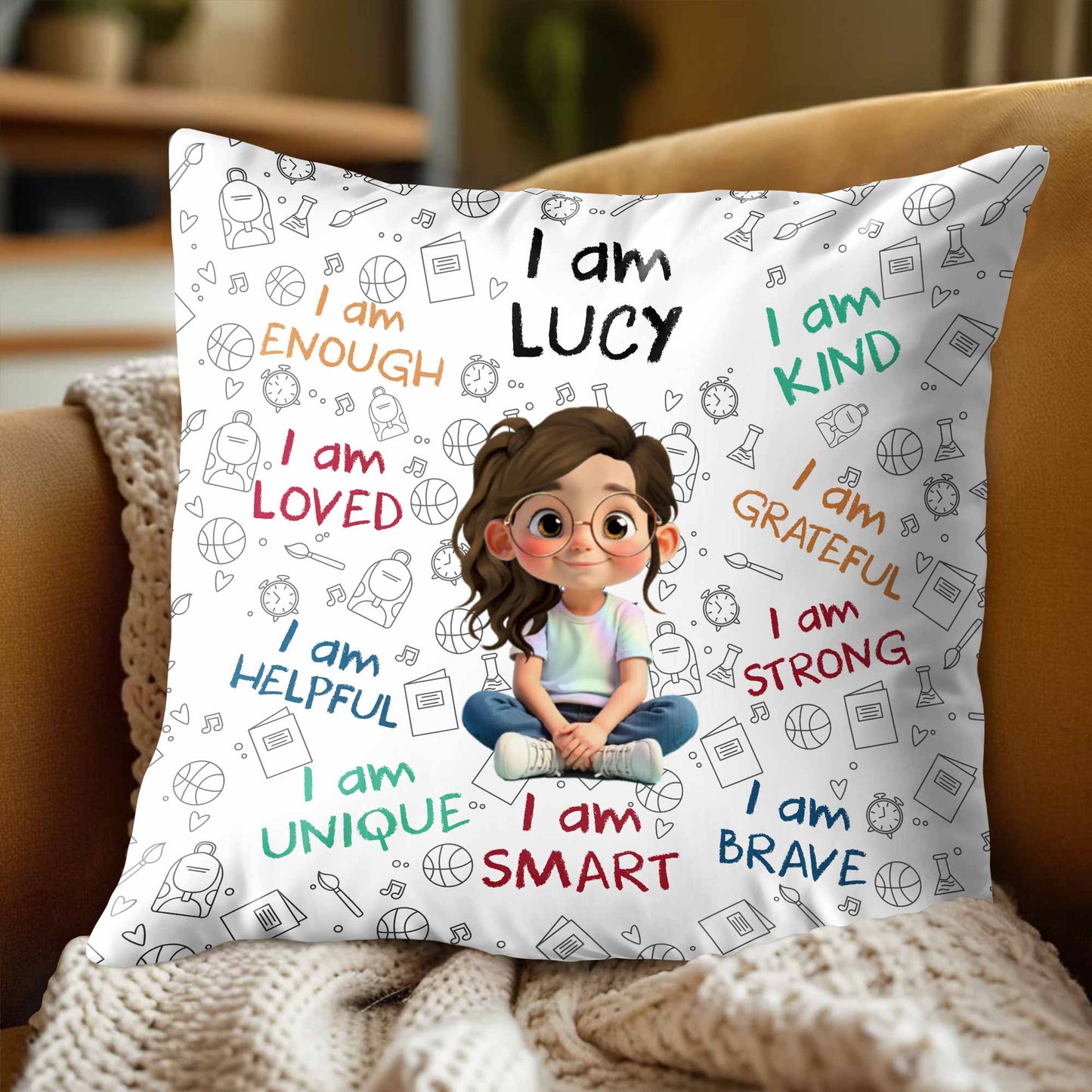 I Am Enough Loved Brave Custom Kids Affirmation Pillow - Personalized Gift for Girls