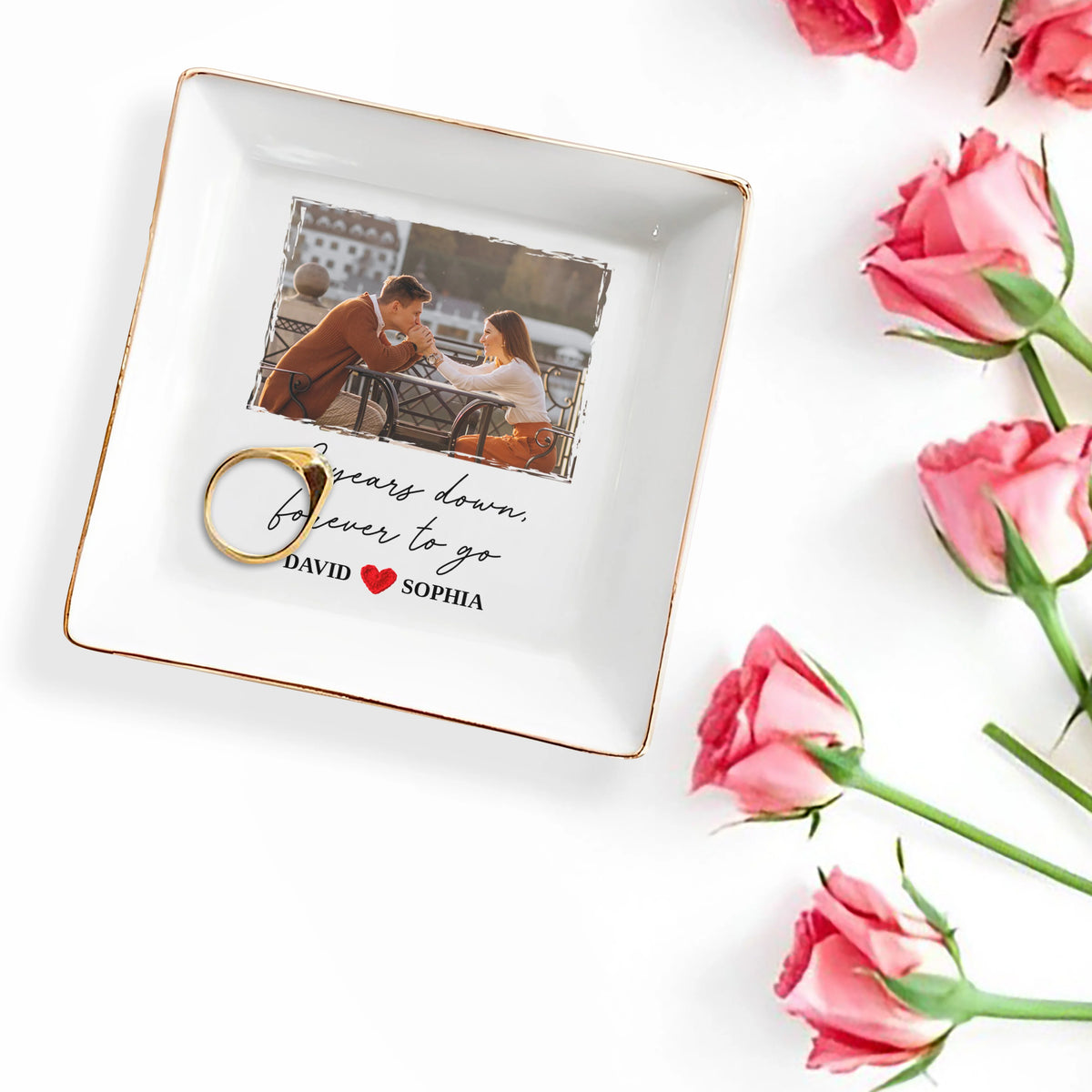 Two Years Down Forever To Go Custom Photo Ring Dish - Personalized Ceramic Couple Jewelry Tray