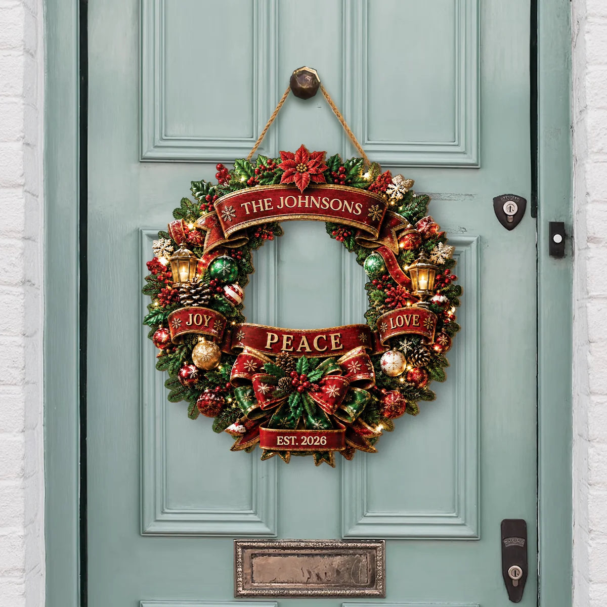 Joy Peace Love Personalized Family Photo Wood Sign - Custom Christmas Front Door Wreath Decor