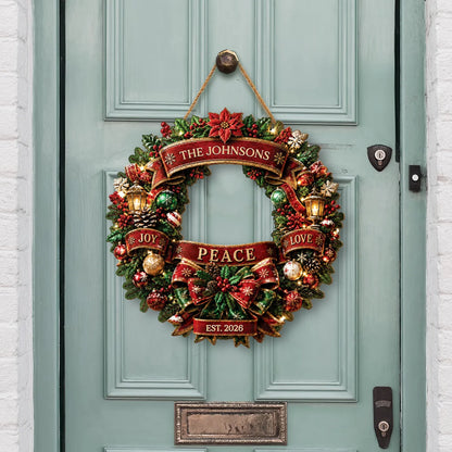 Joy Peace Love Personalized Family Photo Wood Sign - Custom Christmas Front Door Wreath Decor