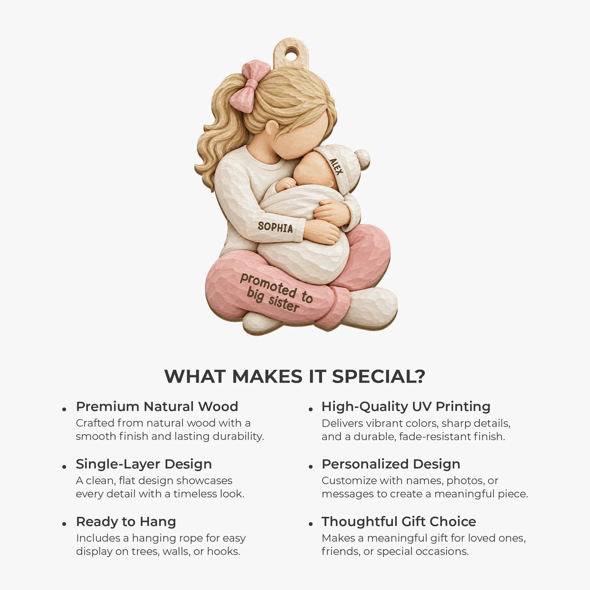 Promoted To Big Sister Personalized Wooden Ornament - New Baby Christmas Keepsake for Siblings