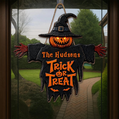 Trick Or Treat Pumpkin Scarecrow Personalized Halloween Wood Sign - Custom Family Front Porch Decor