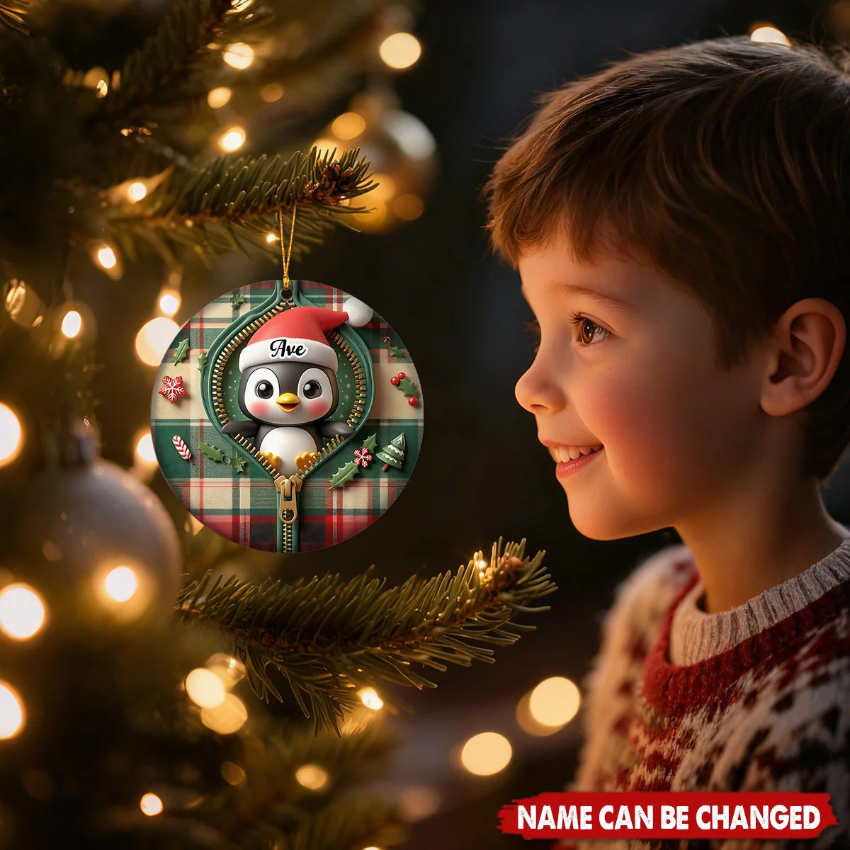 Cute Zipper Plaid Penguin Personalized Ceramic Ornament - Christmas Keepsake for Kids & Family