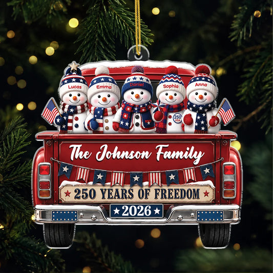 "250 Years of Freedom" Snowman Family Personalized Acrylic Ornament - Custom Patriotic Christmas Keepsake Gift