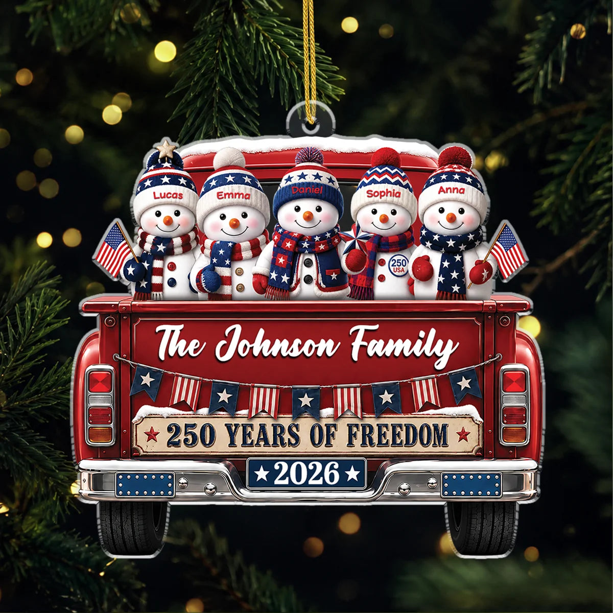 "250 Years of Freedom" Snowman Family Personalized Acrylic Ornament - Custom Patriotic Christmas Keepsake Gift