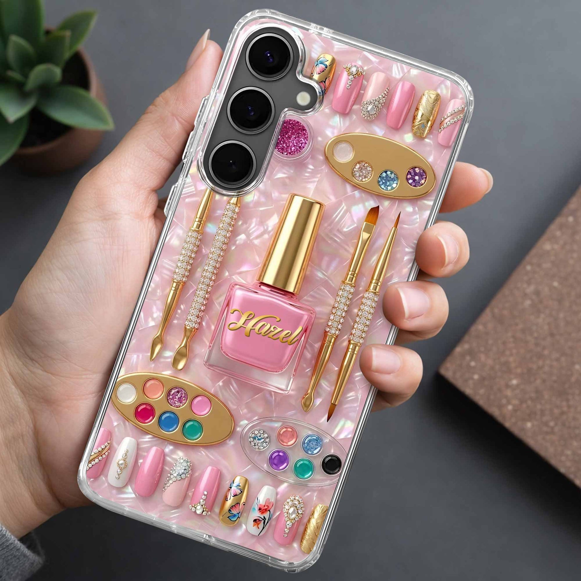 Personalized nail tech clear phone case featuring chic nail polish and tools design image 9