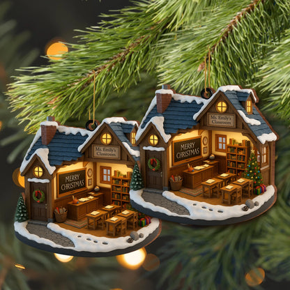 Merry Christmas Schoolhouse Ornament With Wreath And Tree