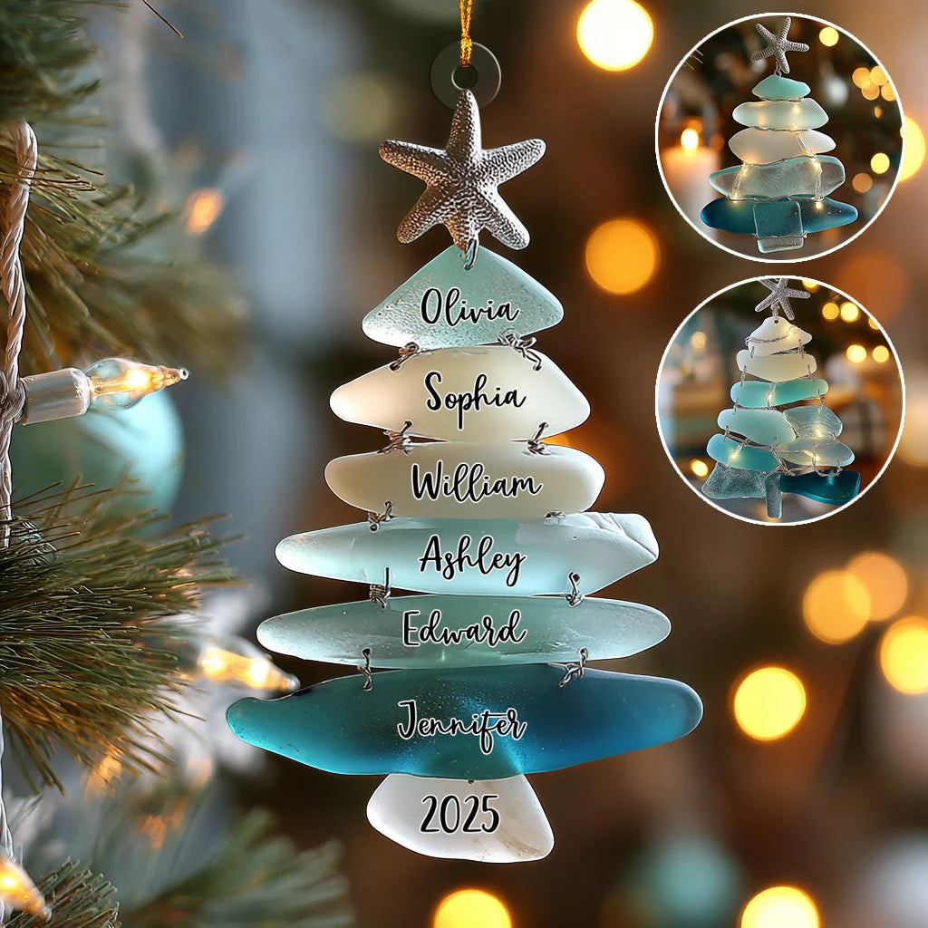 Coastal Sea Glass Christmas Tree Personalized Family Acrylic Ornament - Custom Names Holiday Gift