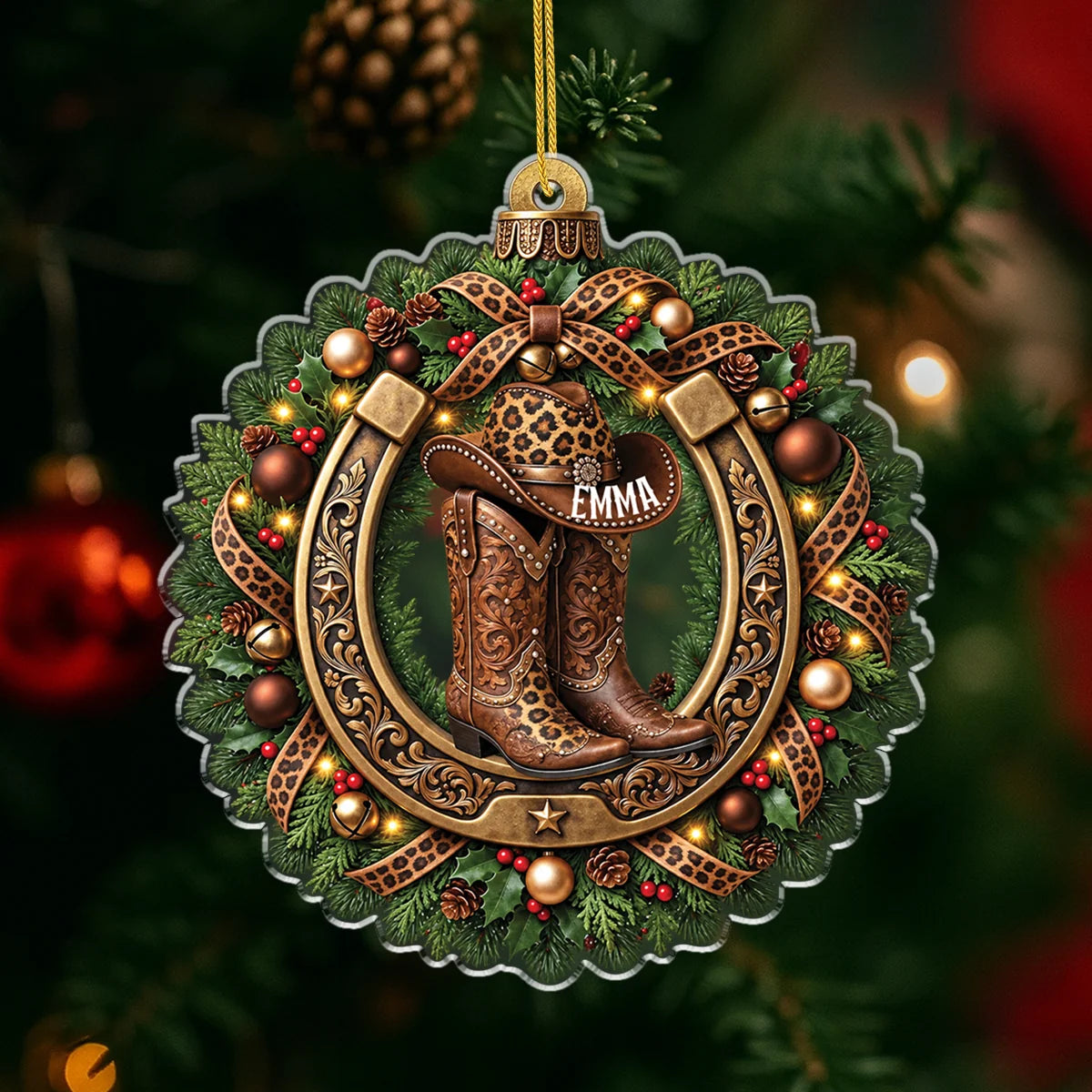 Rustic Cowgirl Boots Wreath Personalized Acrylic Ornament - Custom Christmas Tree Keepsake Gift