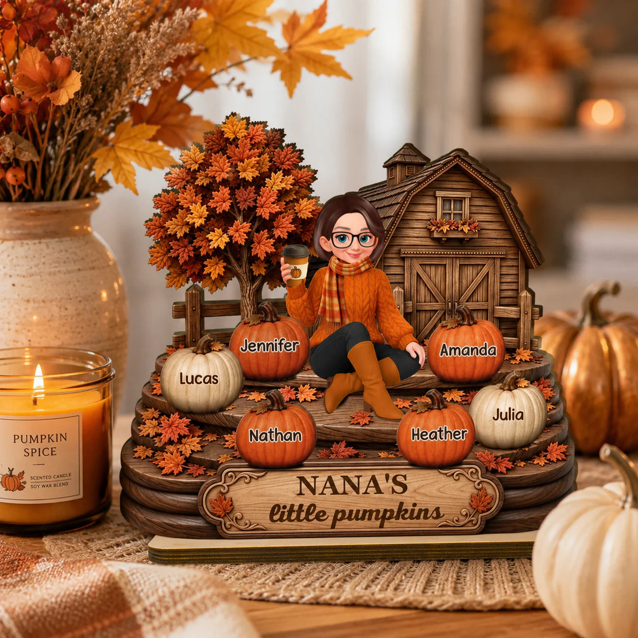 Personalized Grandma fall wooden plaque featuring custom printed pumpkin names in a cozy rustic autumn decor design
